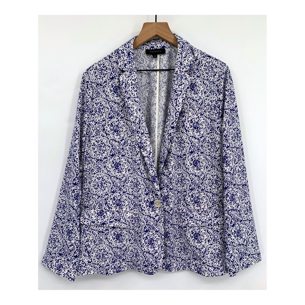 Talbots Blazer Womens XL Blue White Paisley Floral Stretch Lightweight Preppy